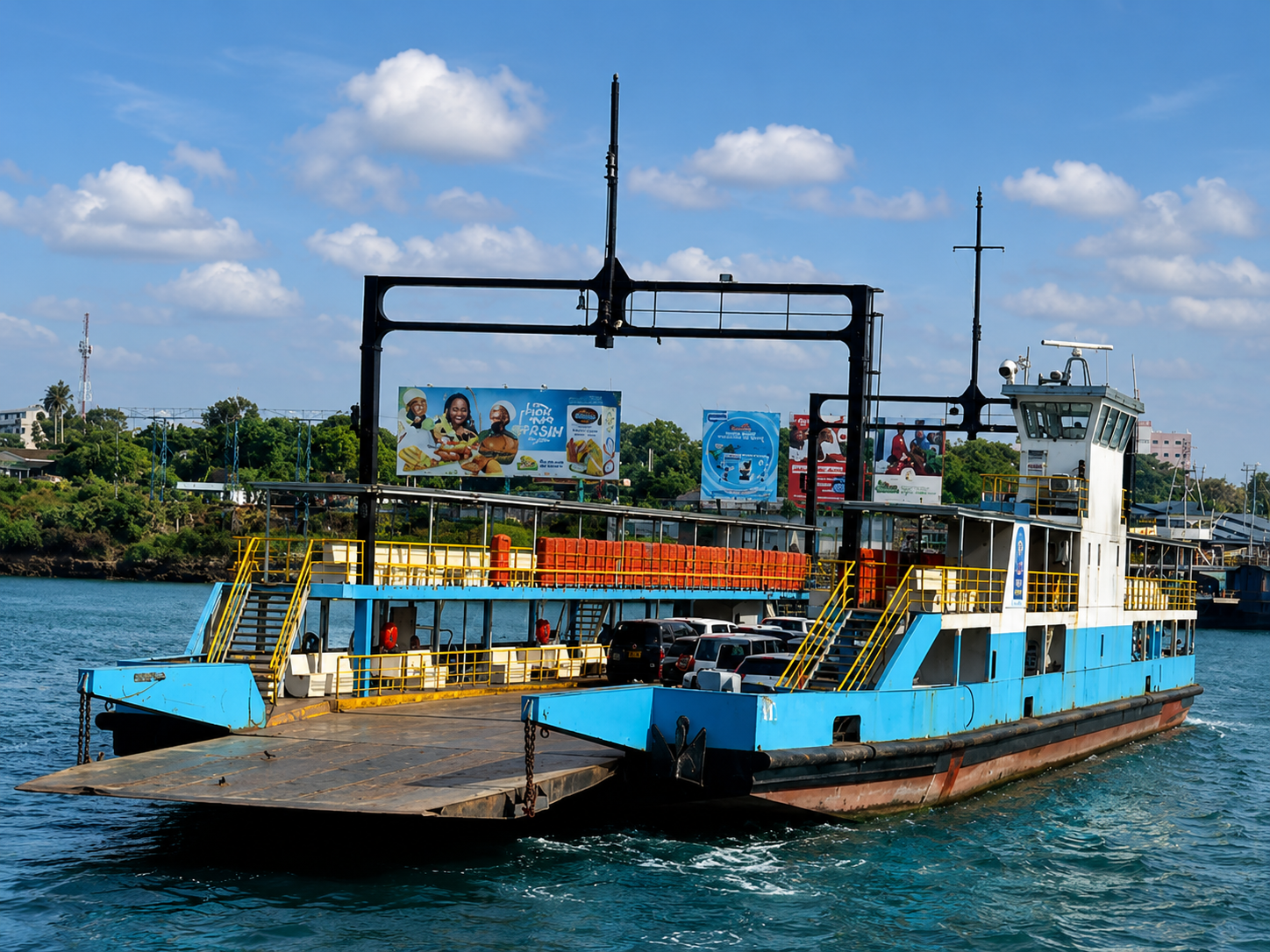 Likoni ferry carrying passengers and vehicles across the channel.