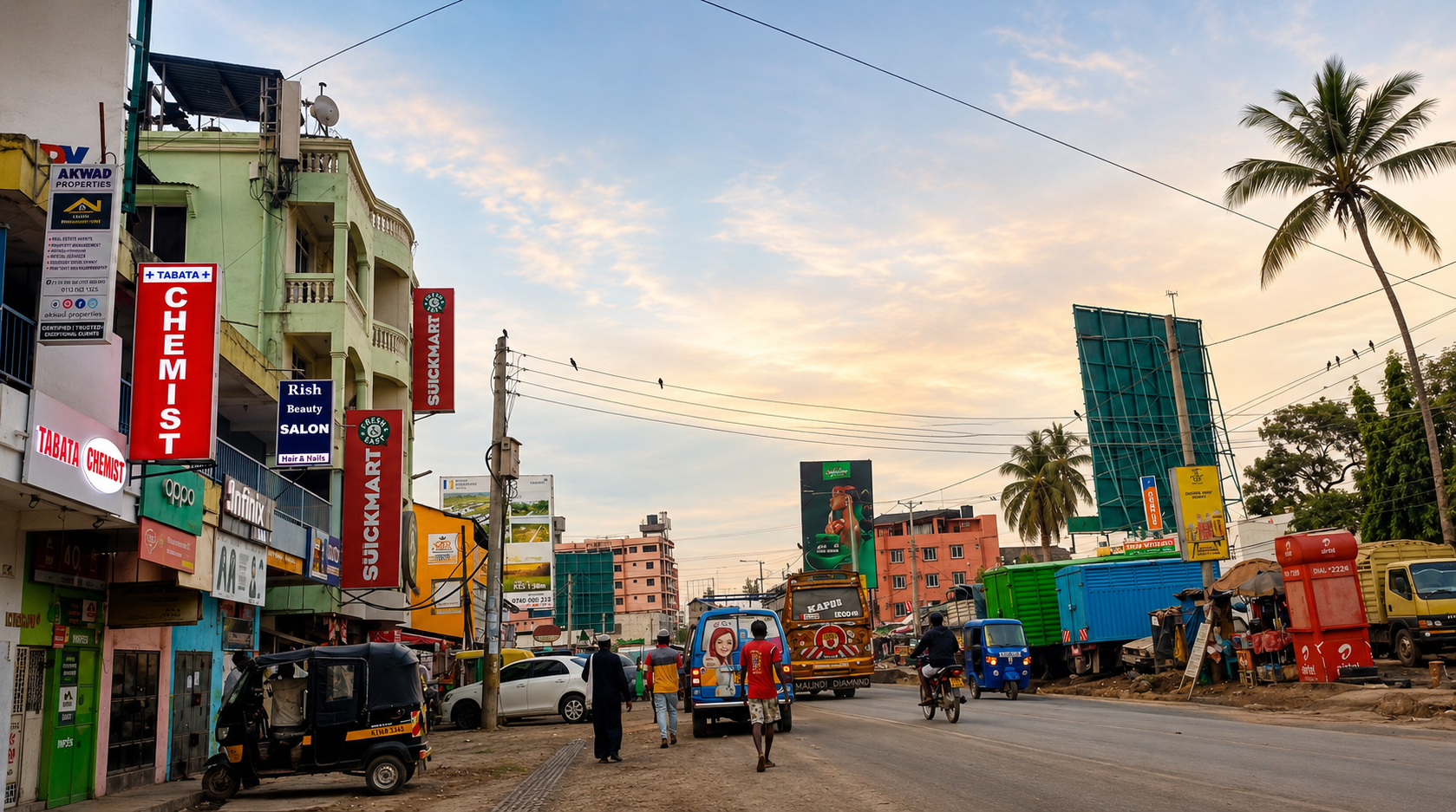 Busy Mtwapa street with shops, tuk-tuks, trucks, pedestrians, power lines and palm trees under an evening sky.